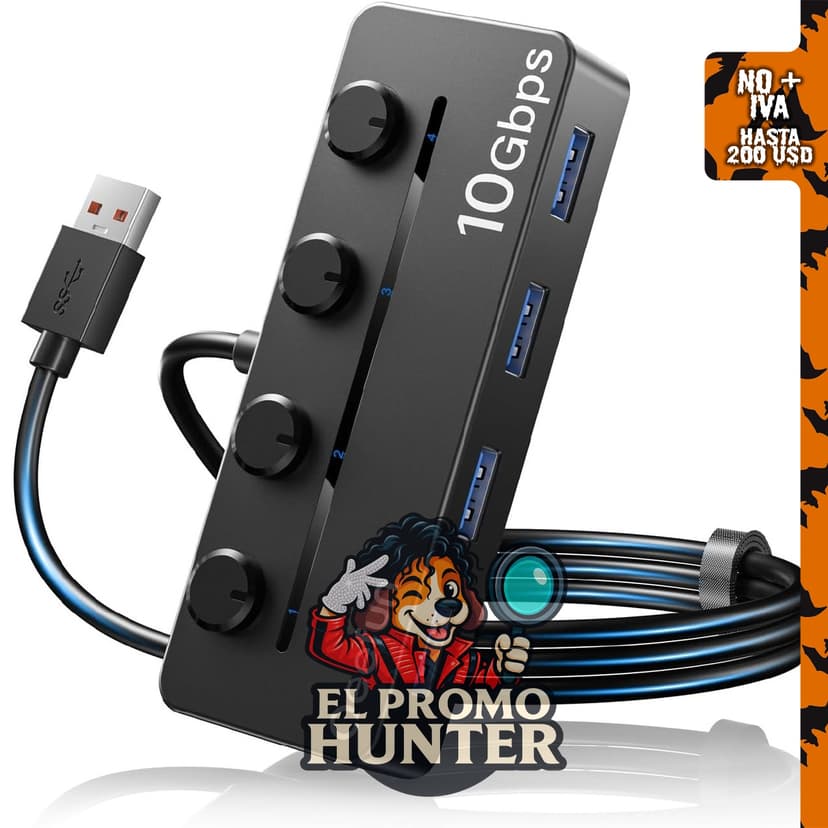 Qeefun Hub USB 3.2 de 4 puertos con interruptores de alimentación LED, divisor USB 3.2 Gen 2, transferencia de datos de 10 Gbps y cable de extensión de 1.2 m.