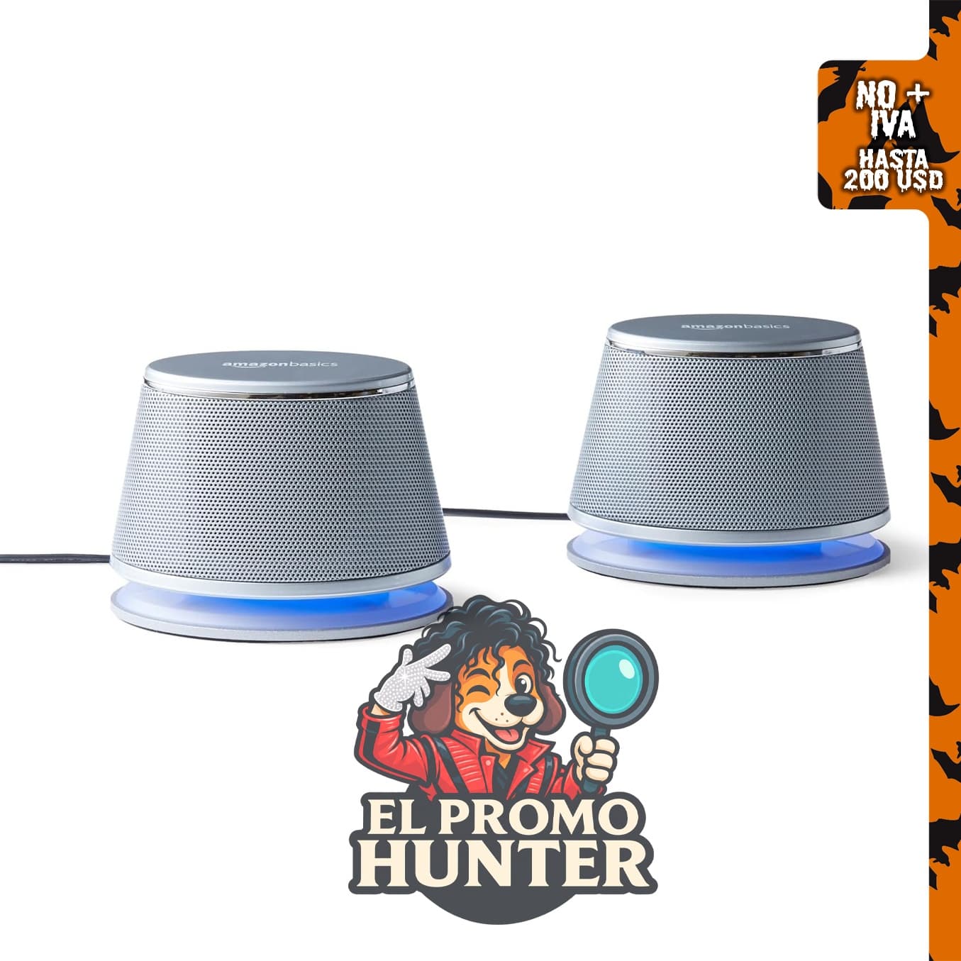Amazon Basics Altavoces estéreo 2.0 para computadora, alimentación USB, entrada auxiliar de 0.1 in, color plata.
