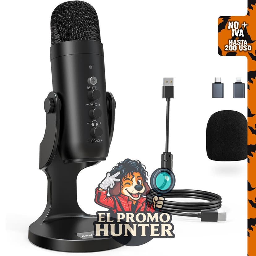 ZealSound Micrófono USB para podcasting con cancelación de ruido, ajuste de volumen y botón de silencio.