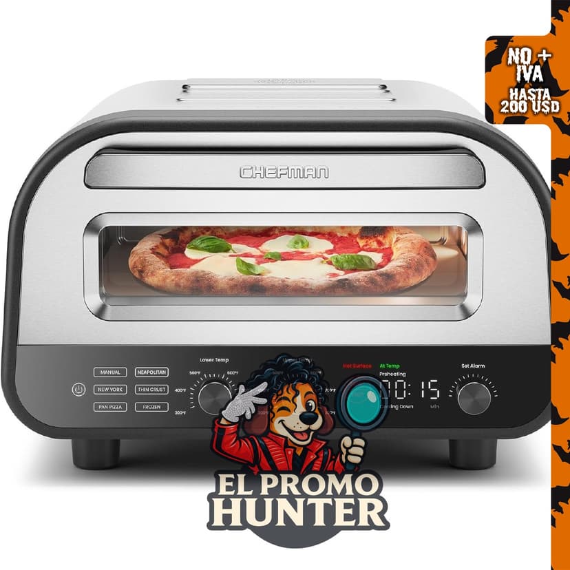 CHEFMAN Horno de pizza eléctrica para encimera, 12" (30 cm), calienta hasta 800 °F (427 °C), 5 ajustes preestablecidos.