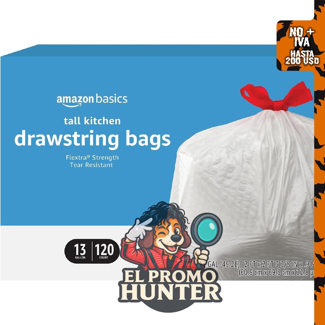 Amazon Basics Flextra - Bolsas de basura altas con cordón para cocina, 49 L, 120 unidades.