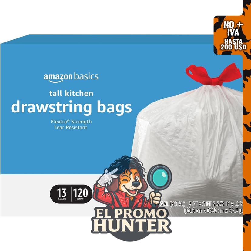 Amazon Basics Flextra - Bolsas de basura altas con cordón para cocina, 49 L, 120 unidades.