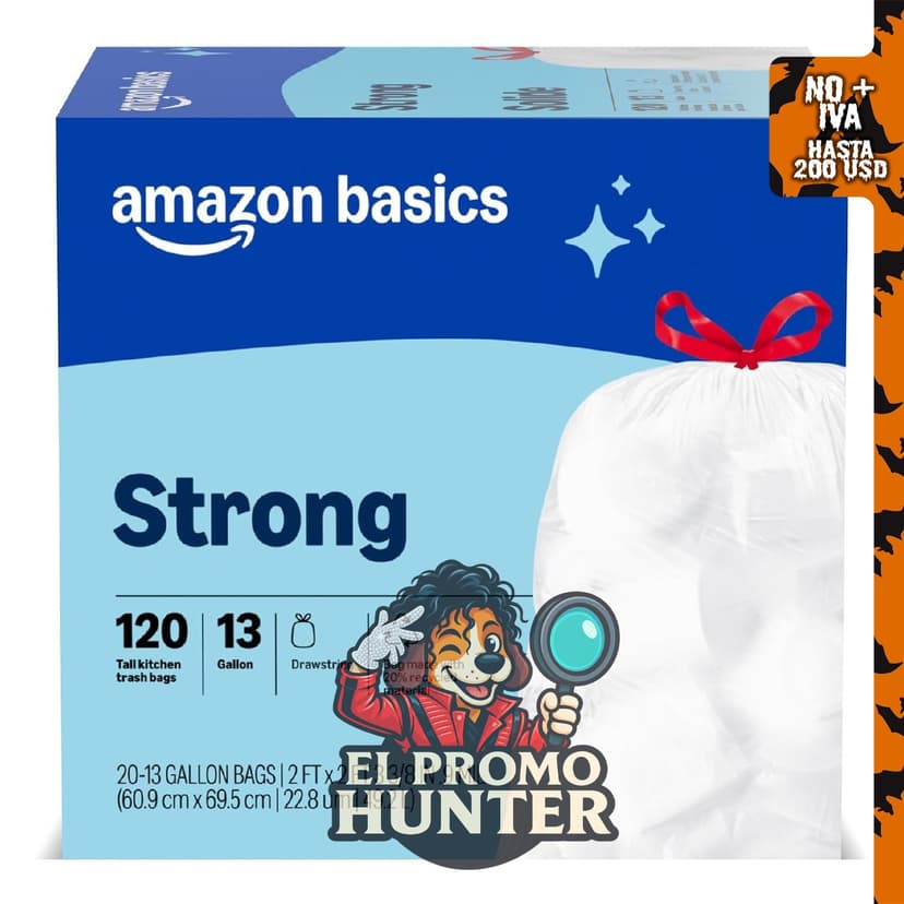 Amazon Basics Bolsas de basura de 13 galones, paquete de 120 unidades, sin perfume.