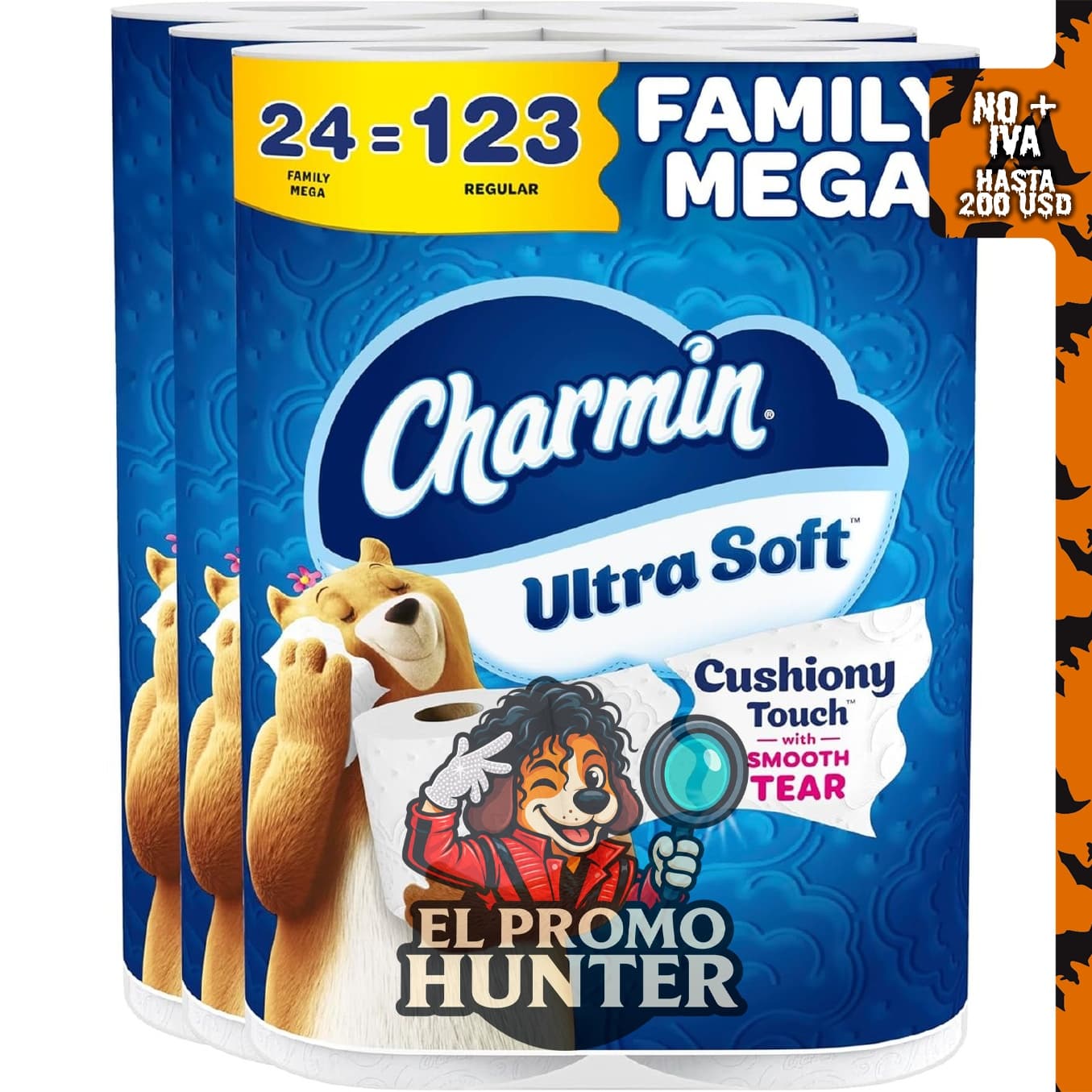 Charmin Papel higiénico Ultra Soft Cushiony Touch, 24 mega rollos familiares (equivalente a 123 rollos regulares).