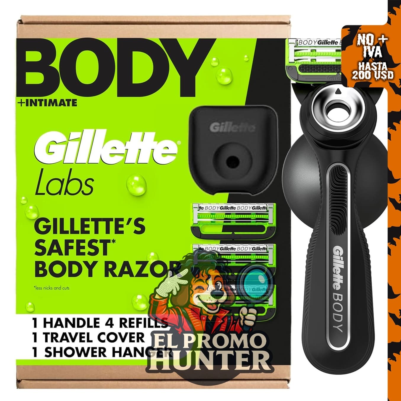 Gillette Labs Body + Intimate Razor para hombres con 4 recambios de cuchilla y funda de viaje.