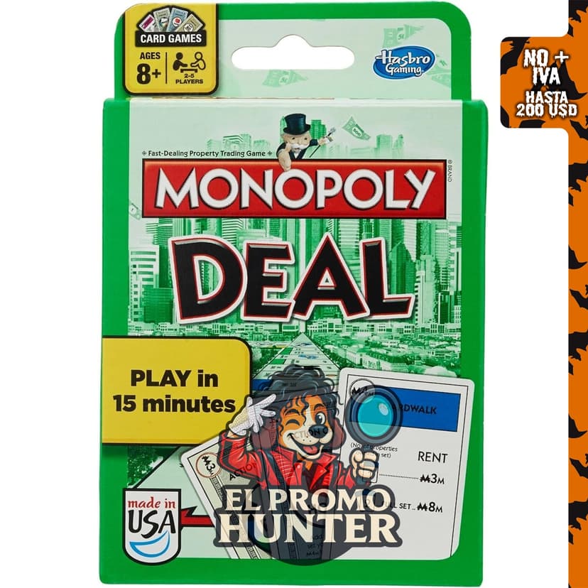 Monopoly Deal Juego de cartas (versión inglés), juego de cartas para 2 a 5 jugadores.