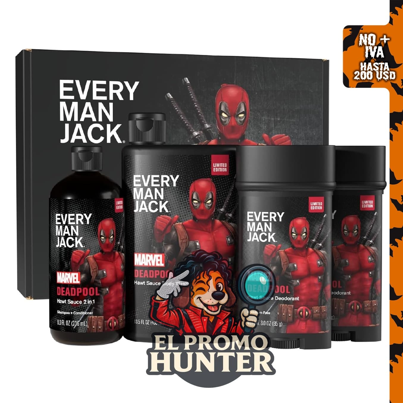 Every Man Jack Deadpool Body Set, incluye gel de baño y productos para el cuidado personal.