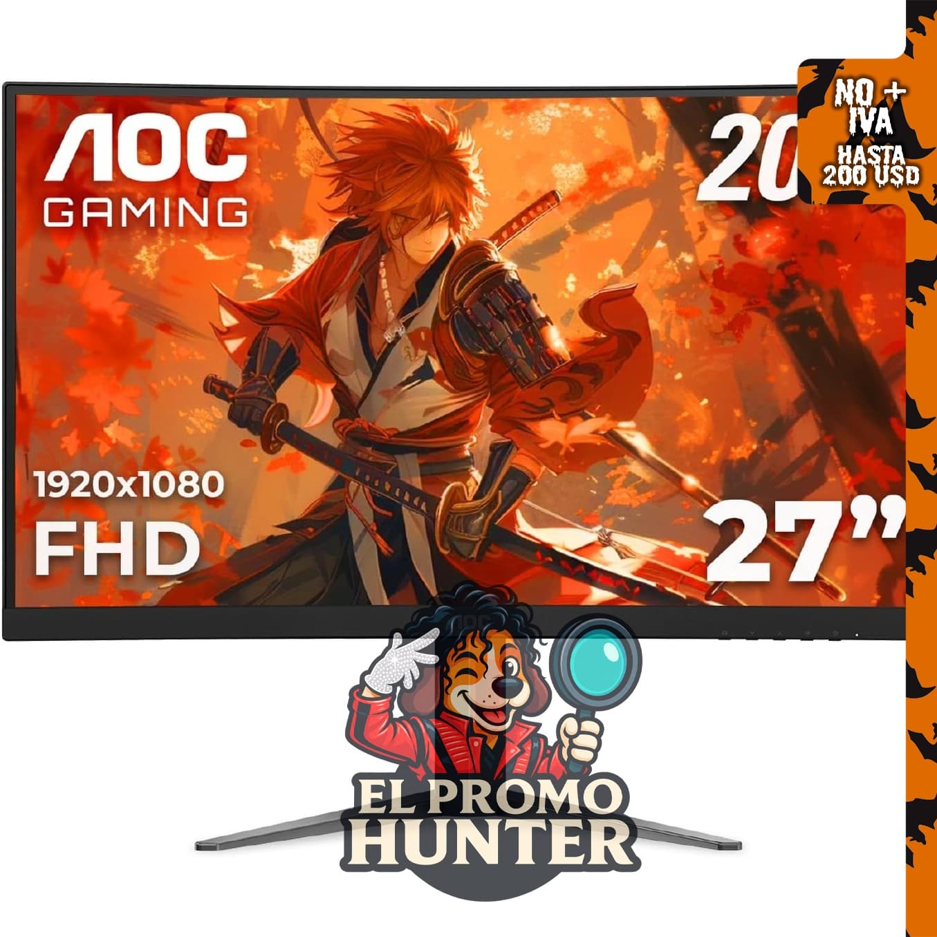 AOC C27G4H2 Monitor de juego curvo de 27", FHD 1920x1080, 1500R, 200Hz, 0.3ms, altura ajustable, negro.