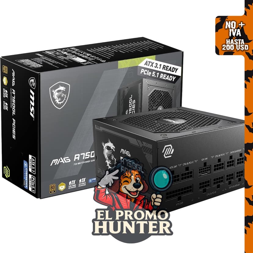MSI MAG A750GL PCIE5, fuente de alimentación modular de 750 W, 80+ Gold, ATX 3.1 y PCIe 5.1.