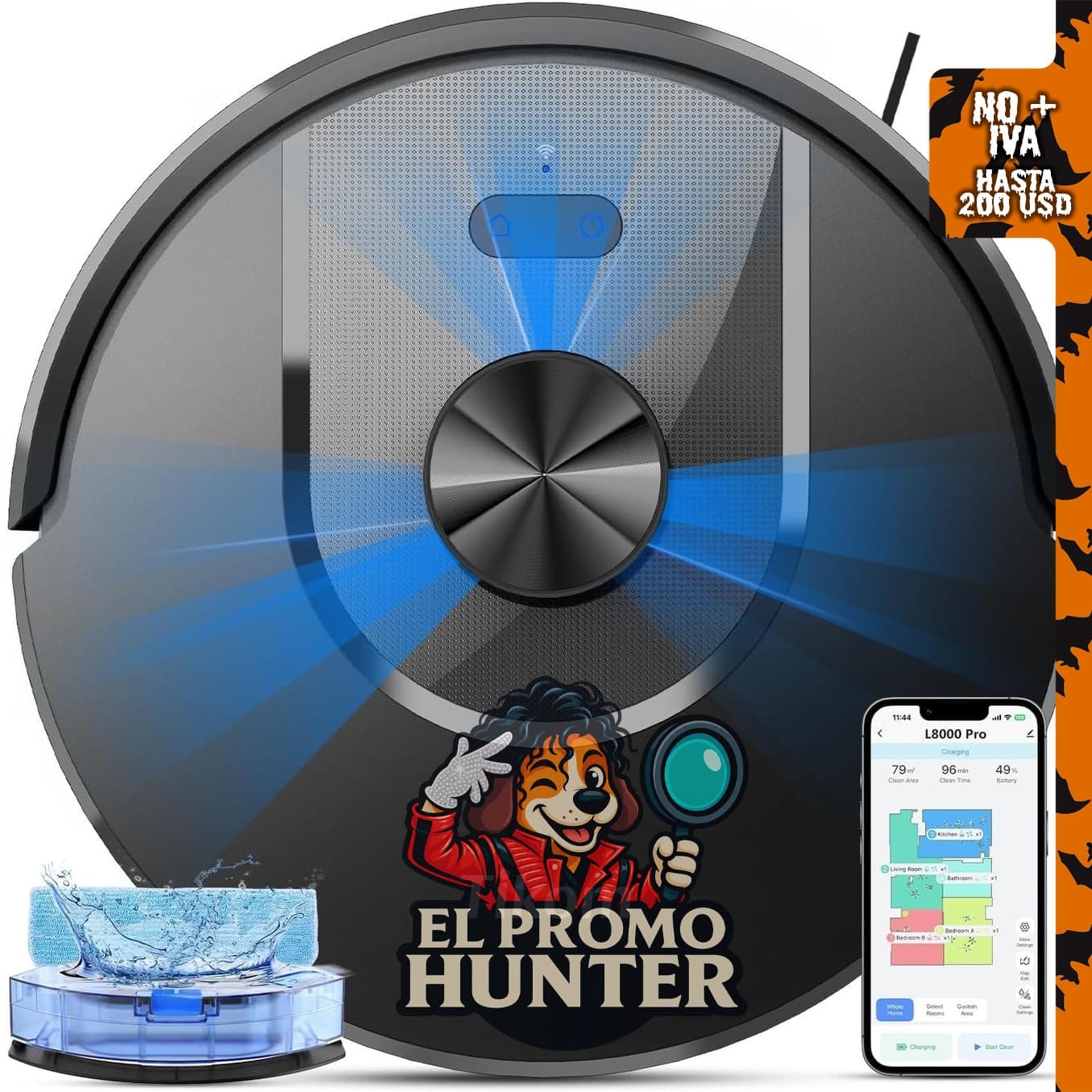 Tikom Combo L8000 Pro, robot aspirador y trapeador automático con potencia de succión de 6000 Pa y mapeo inteligente.