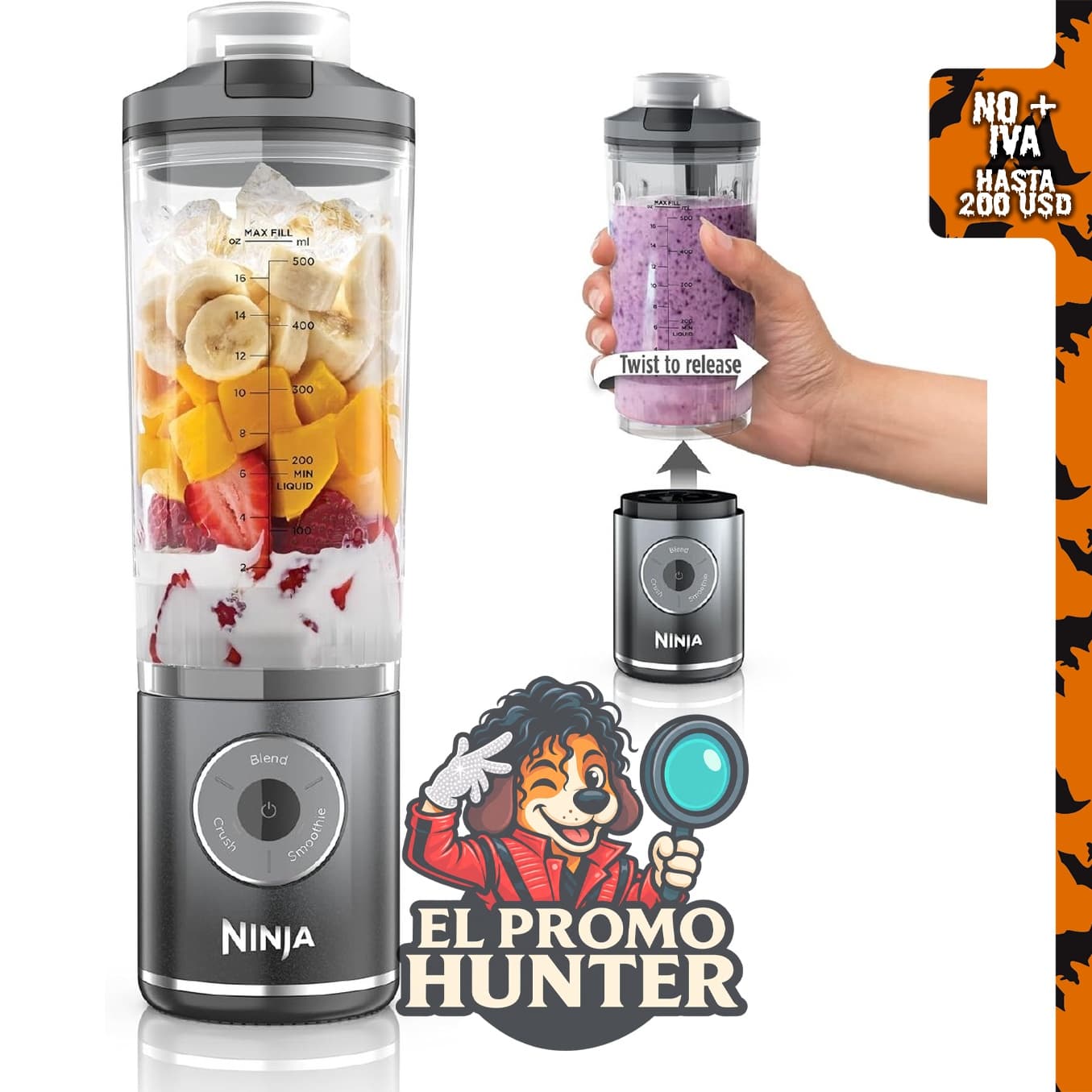 Ninja Blast Max Licuadora Portátil, 22 oz, color gris, modelo BC251GY.