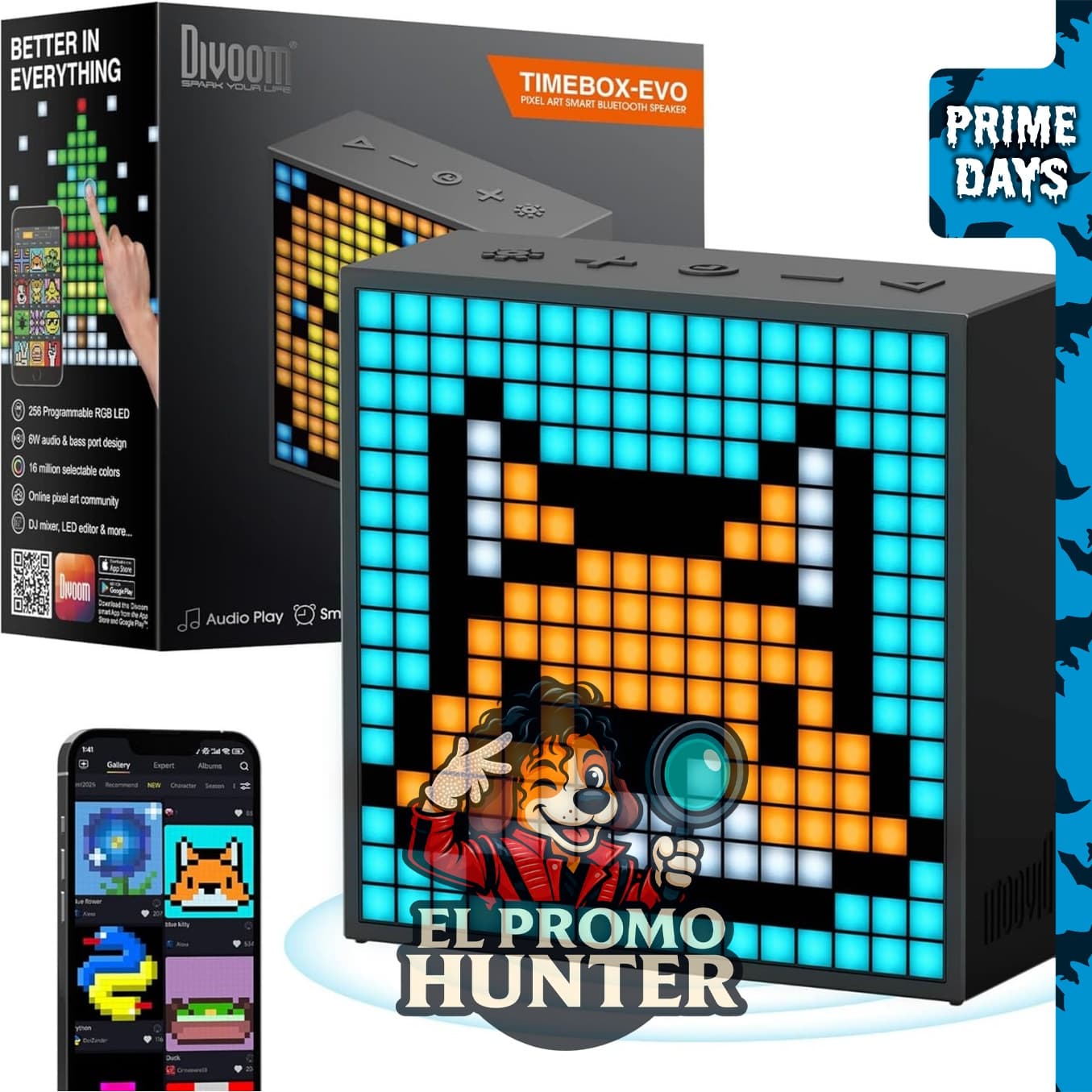 Divoom TimeBox Evo - Altavoz Bluetooth con pantalla LED 16x16 y control de aplicación.