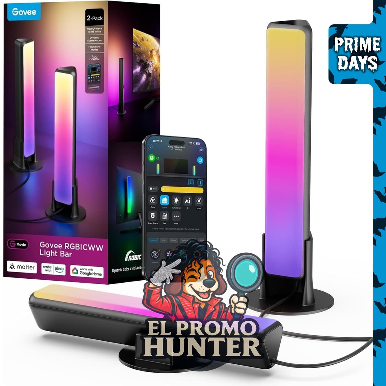 Govee Smart Light Bar, RGBICWW, luces para TV, color negro.