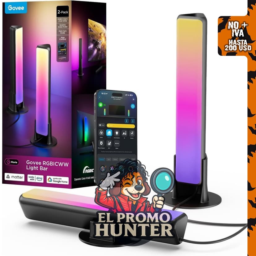 Govee Smart Light Bar, RGBICWW, luces para TV, color negro.