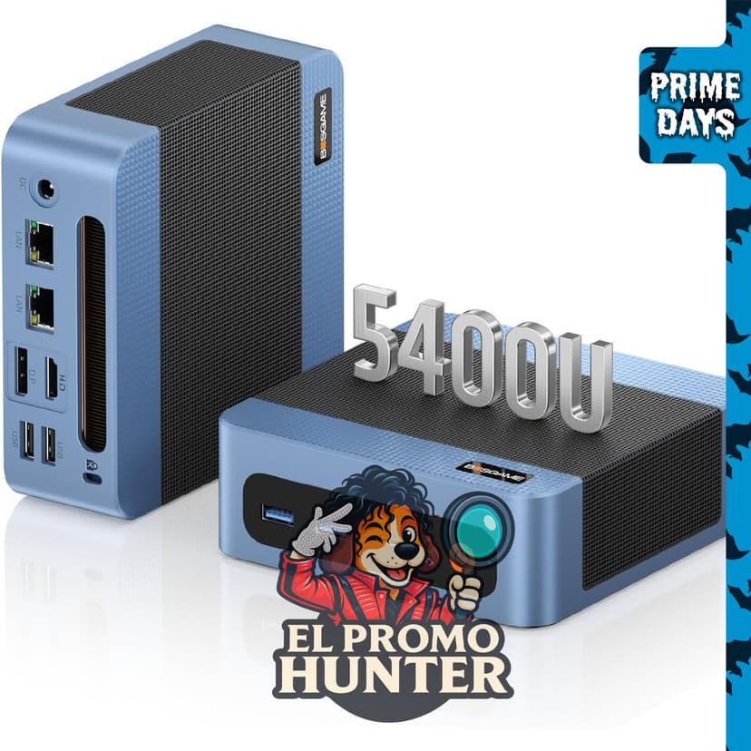 BOSGAME E5 Plus Mini PC Ryzen 5400U con 8GB de RAM actualizable y 256GB de almacenamiento SSD SATA.