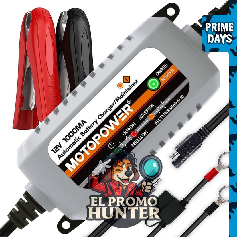MOTOPOWER MP00205B - Cargador automático de batería de 12 V, 1000 mA, con función de desulfatación.