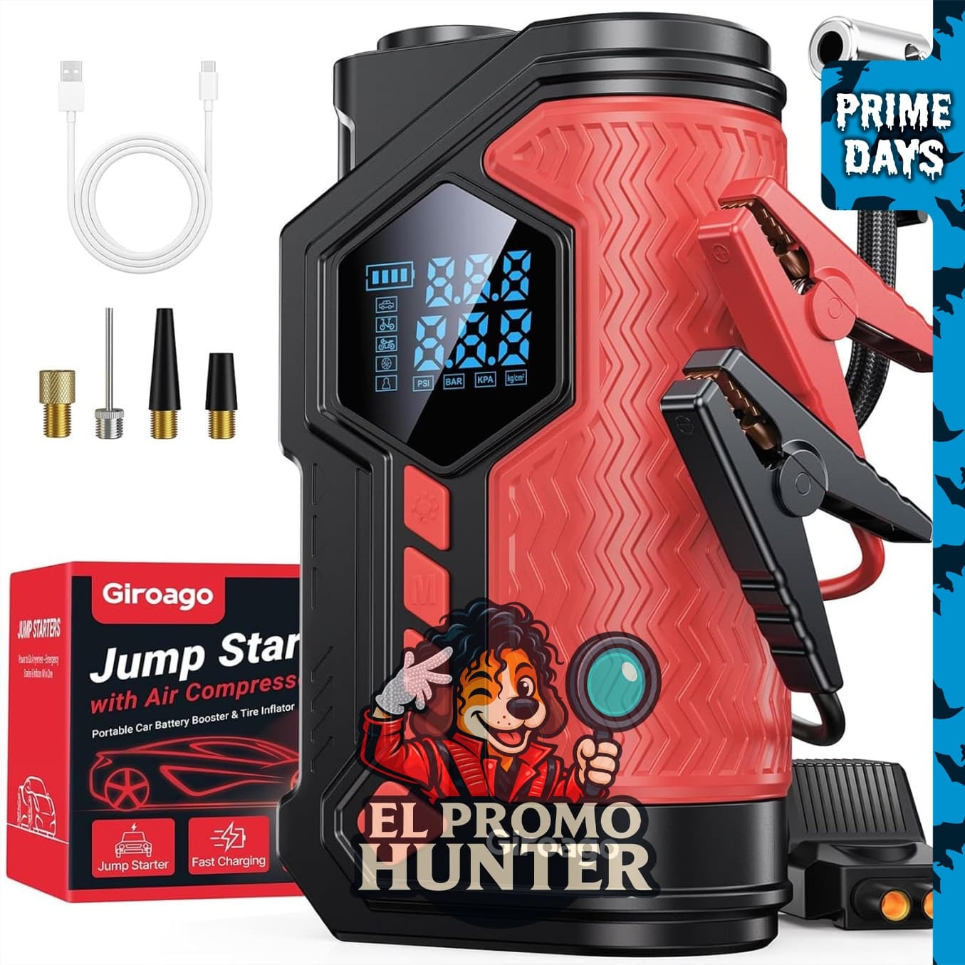 Giroago Jump Starter de 6000A con compresor de aire y inflador de neumáticos de 150PSI.