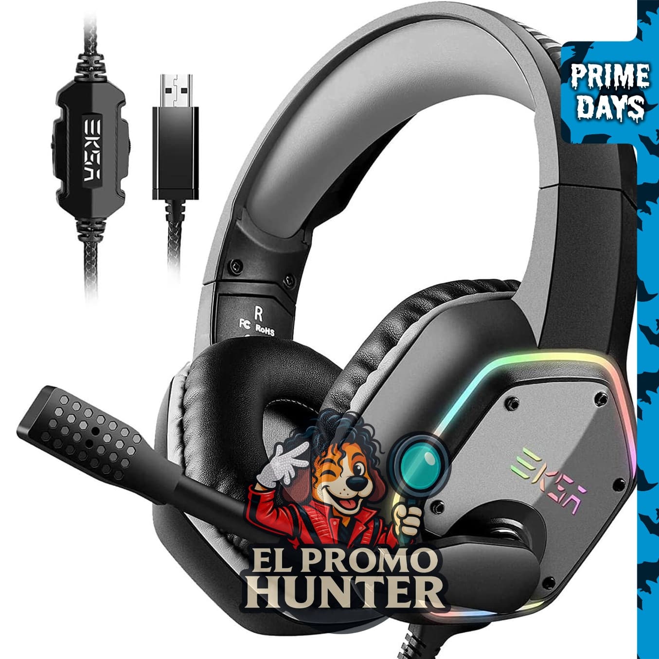 EKSA E1000 Auriculares USB para gaming con micrófono, sonido envolvente 7.1 y luz RGB.