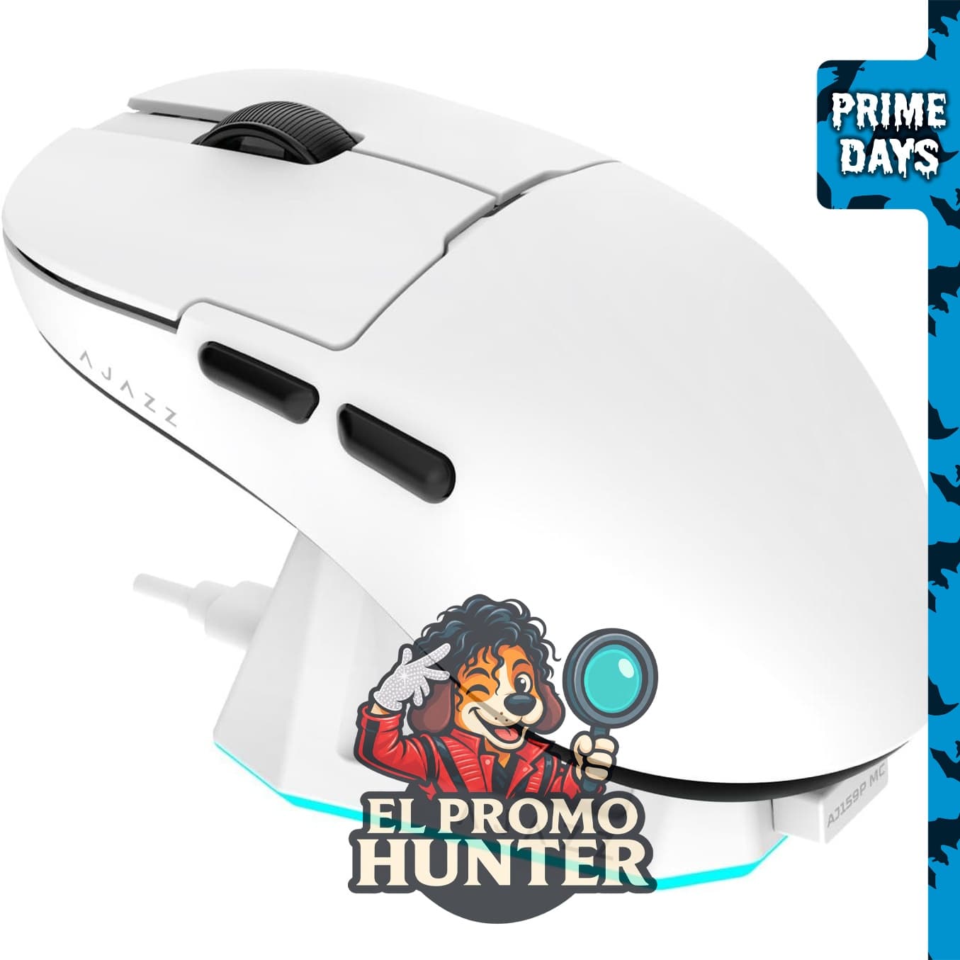 AJAZZ AJ159P MC Mouse inalámbrico para juegos con sensor PAW3311, 1000-12000 DPI, conectividad 2.4 GHz/USB-C/Bluetooth, base de carga RGB y batería de 400 mAh.