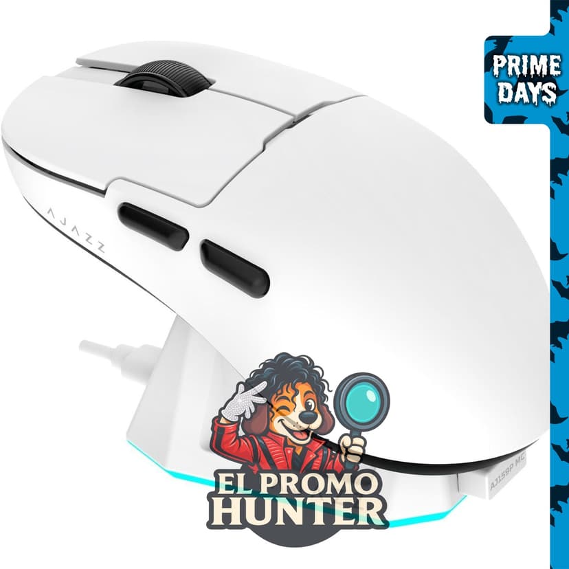 AJAZZ AJ159P MC Mouse inalámbrico para juegos con sensor PAW3311, 1000-12000 DPI, conectividad 2.4 GHz/USB-C/Bluetooth, base de carga RGB y batería de 400 mAh.