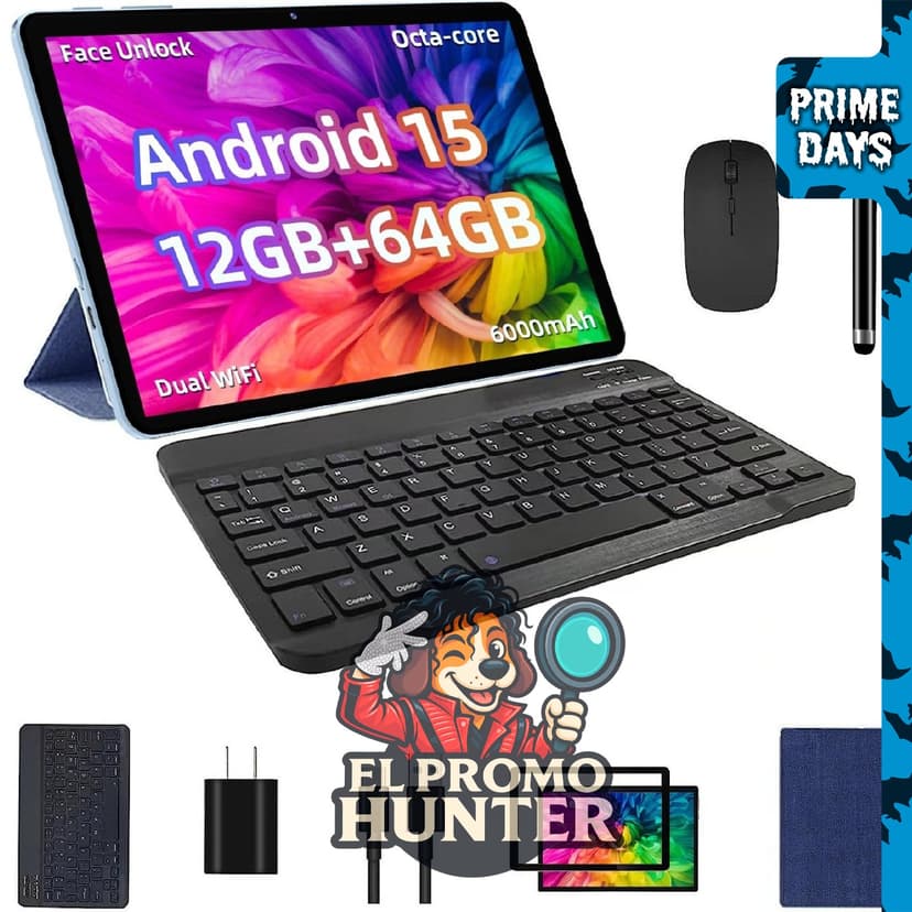 TUOHAITIME Tableta Android 15, 12GB RAM, 64GB almacenamiento, expandible hasta 1TB, CPU Octa-core, cámara dual, WiFi 6, batería de 6000 mAh con carga rápida de 18W.