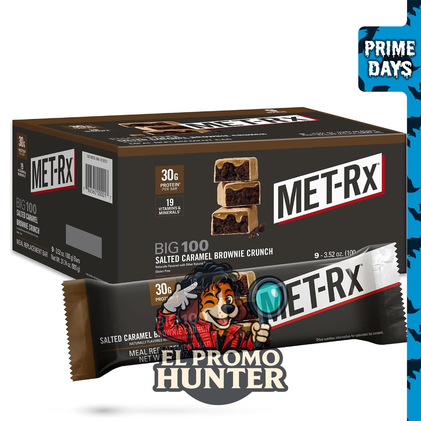 MET-Rx Big 100 Barra de Proteína, 30 g de proteína por barra, sabor Salted Caramel Brownie Crunch, 9 unidades de 100 g cada una.