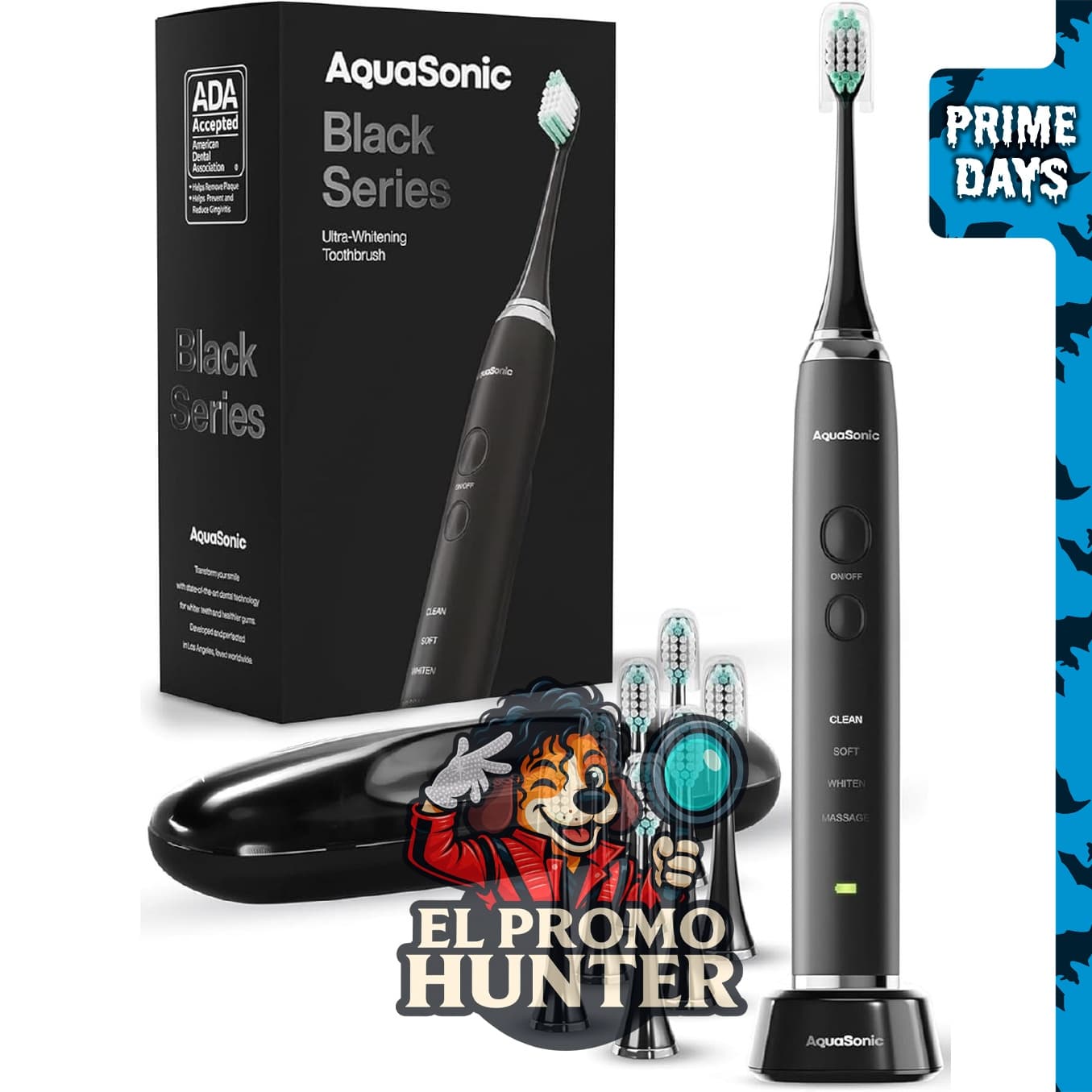 Cepillo de dientes AquaSonic Black Series, motor ultrasónico de 40,000 VPM, incluye 8 cabezales DuPont y funda de viaje.