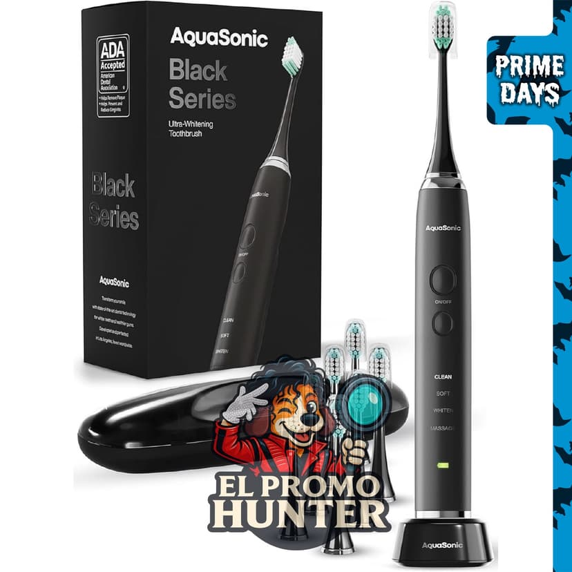 Cepillo de dientes AquaSonic Black Series, motor ultrasónico de 40,000 VPM, incluye 8 cabezales DuPont y funda de viaje.
