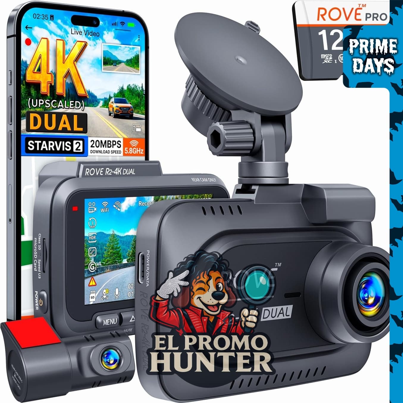 ROVE Cámara de tablero dual R2-4K con sensor STARVIS 2, incluye tarjeta de 128 GB, WiFi 5G.