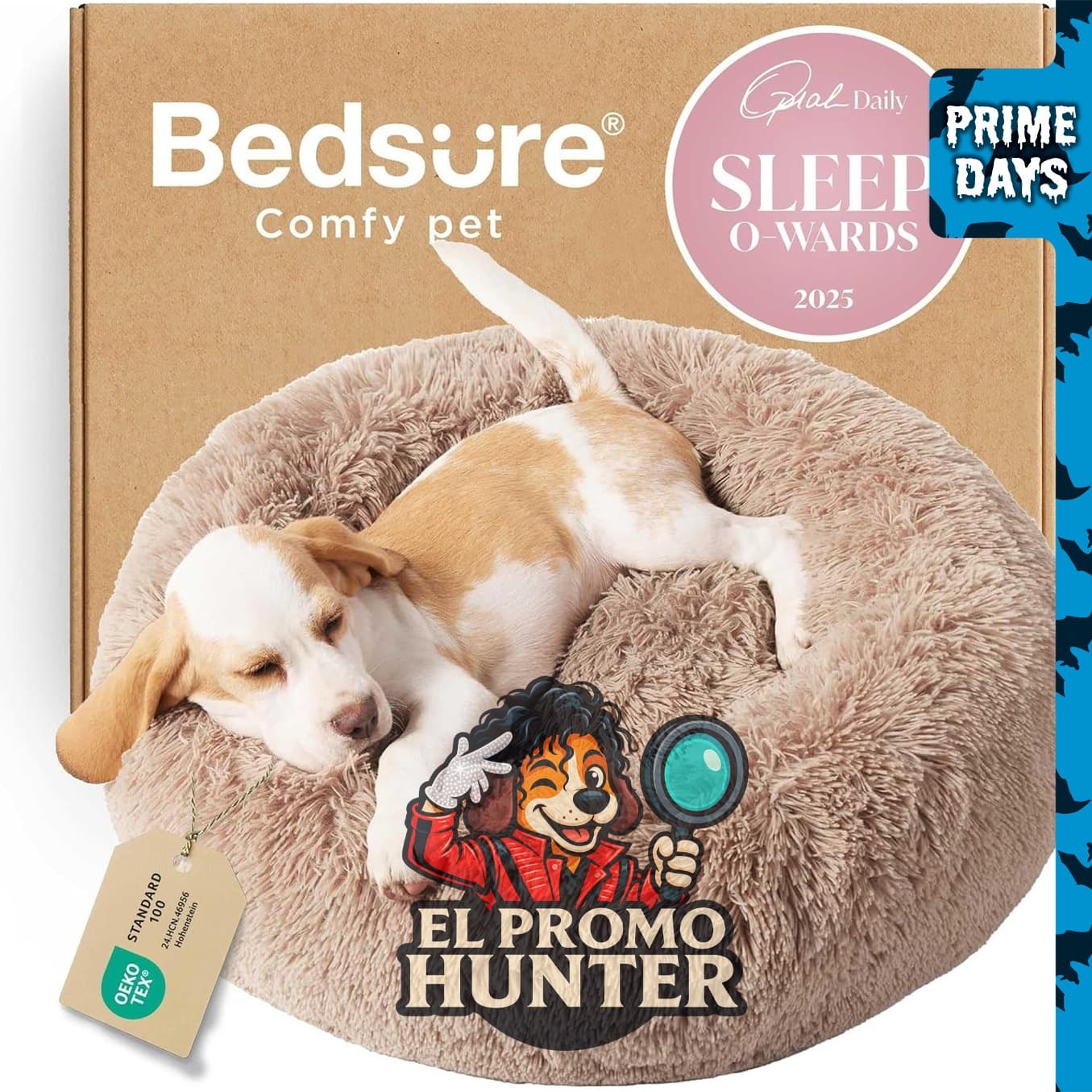Bedsure Calming Small Dog Bed Donut, cama lavable para gatos y cachorros de 23" (58 cm) en color camel.