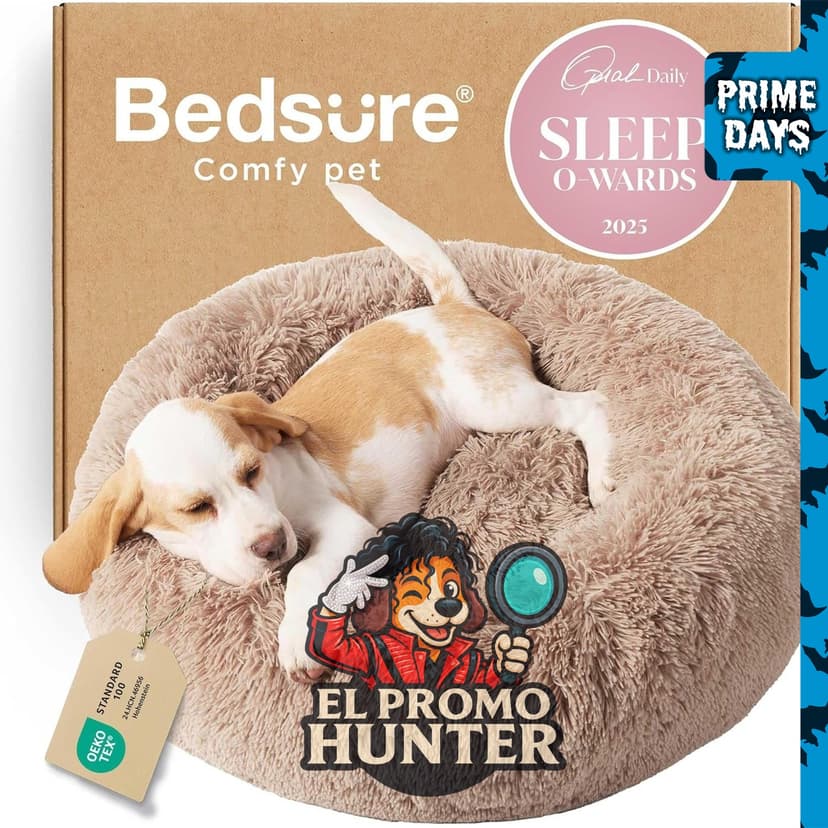 Bedsure Calming Small Dog Bed Donut, cama lavable para gatos y cachorros de 23" (58 cm) en color camel.