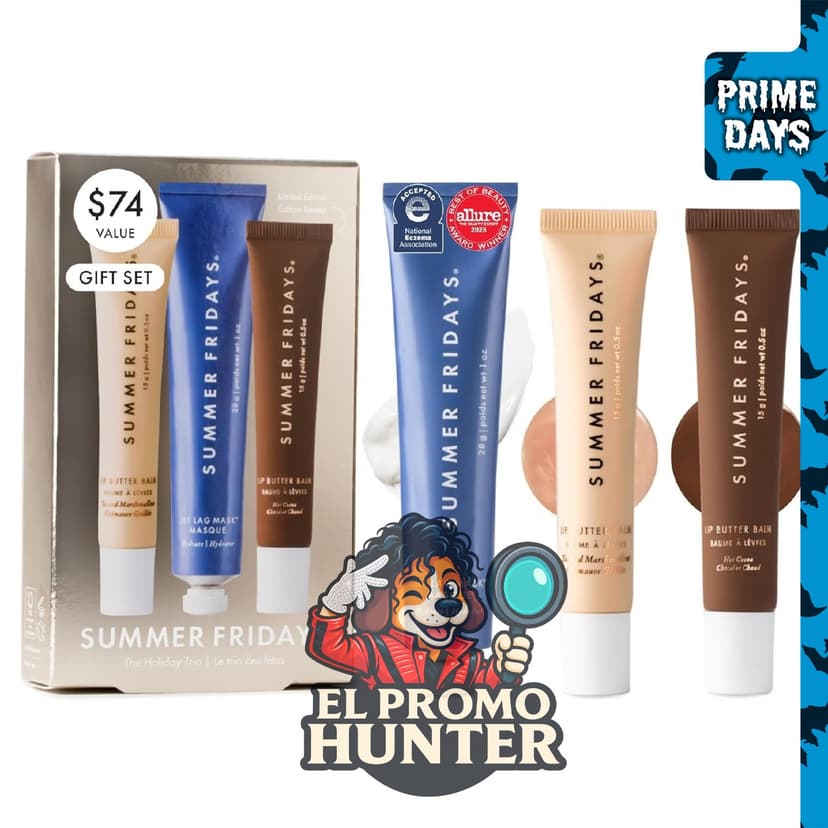 Summer Fridays Hydration Trio, incluye máscara de jet lag tamaño viaje y bálsamo labial de chocolate caliente y malvavisco tostado.