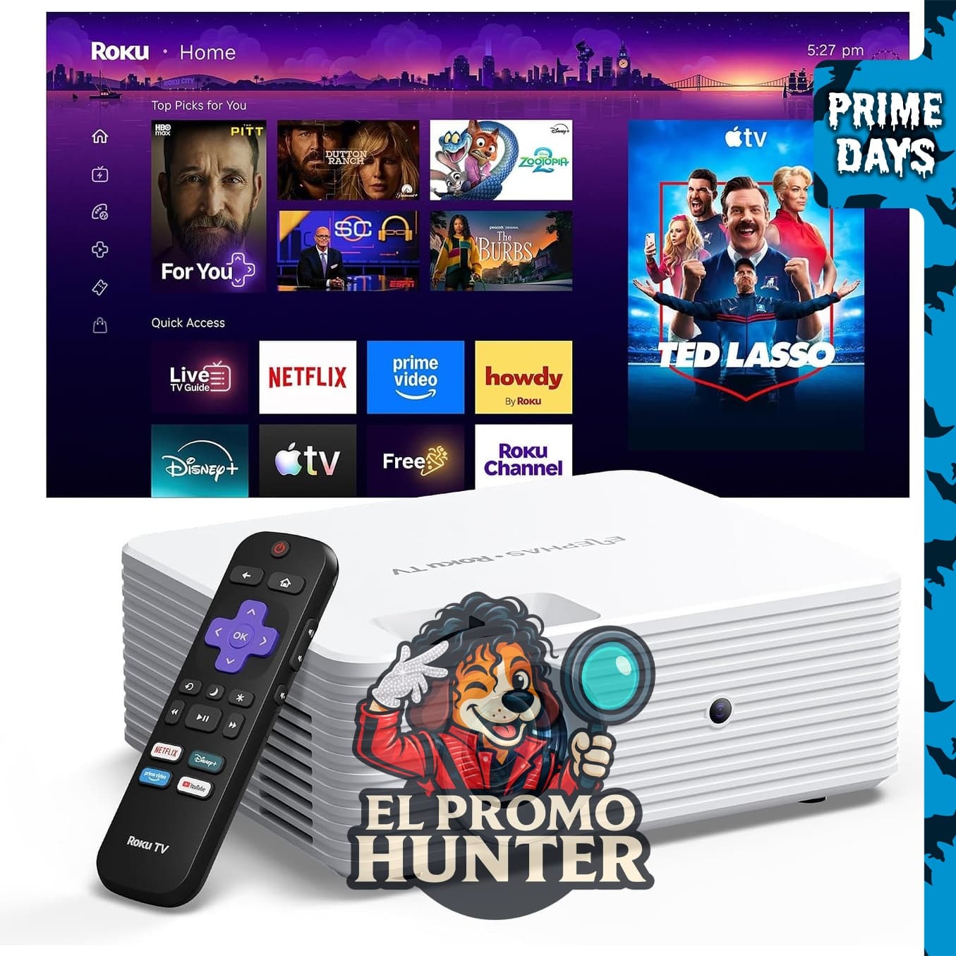 ELEPHAS Proyector inteligente Roku TV con conectividad Wi-Fi y Bluetooth.