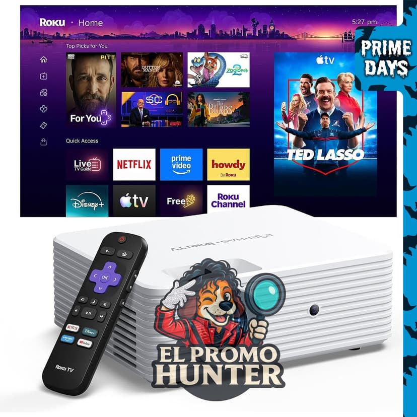 ELEPHAS Proyector inteligente Roku TV con conectividad Wi-Fi y Bluetooth.