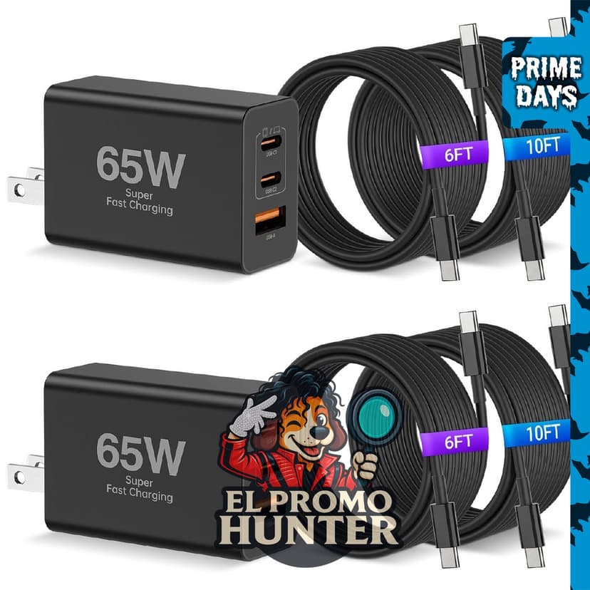Cargador USB C de 65 W con cable USB C a C de 1.83 m y 3.05 m, compatible con teléfonos Android.