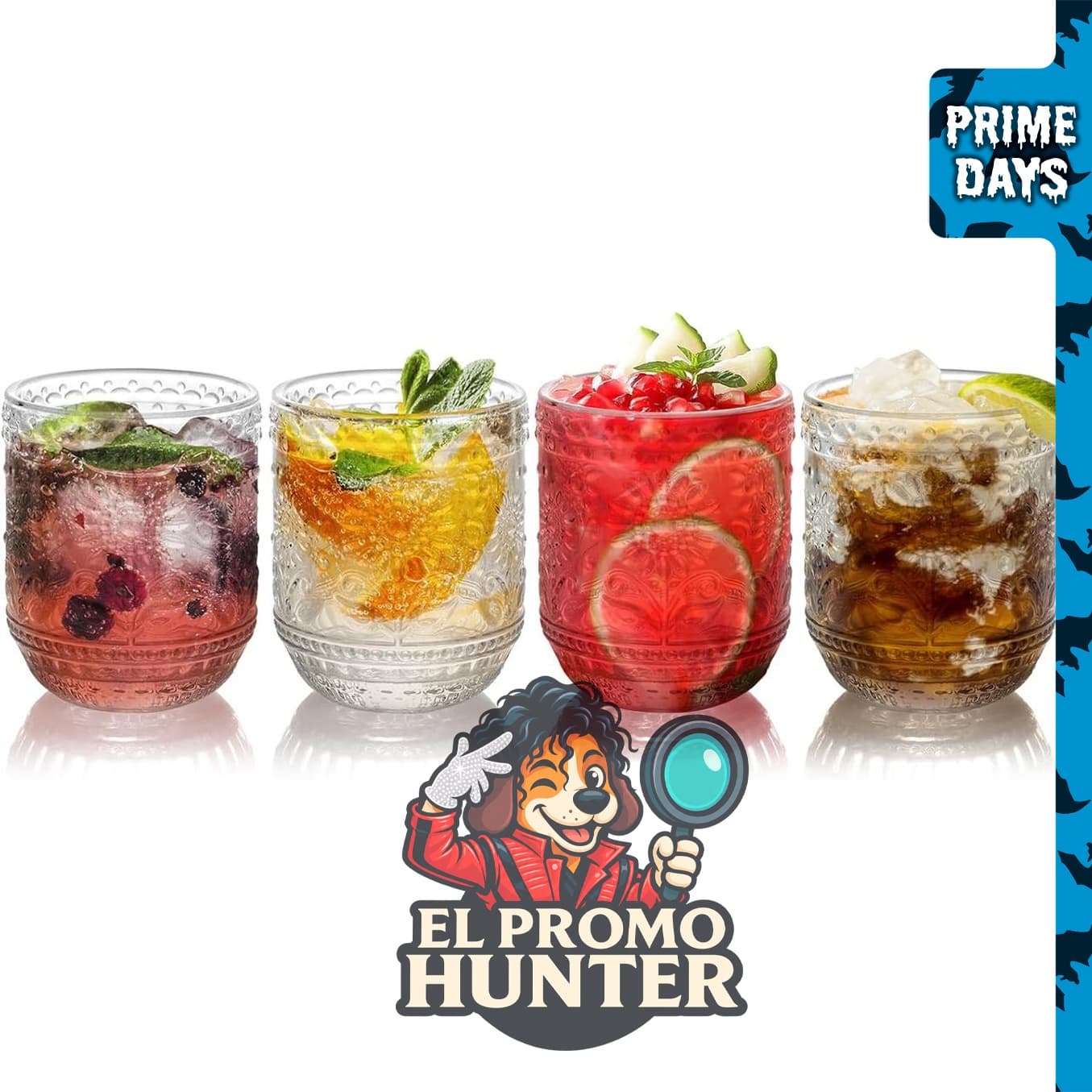 Topsky Juego de Vasos de Vidrio Vintage de 4, 12 oz, copas de cristal con relieve floral para diversas bebidas.