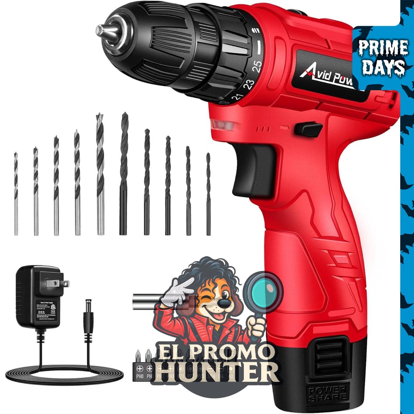 AVID POWER Taladro inalámbrico de 12 V, portabrocas de 3/8" (9.5 mm), 1400 RPM, control de par 25+1, incluye 21 brocas, batería y cargador.