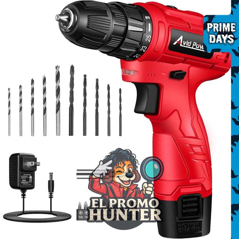 AVID POWER Taladro inalámbrico de 12 V, portabrocas de 3/8" (9.5 mm), 1400 RPM, control de par 25+1, incluye 21 brocas, batería y cargador.