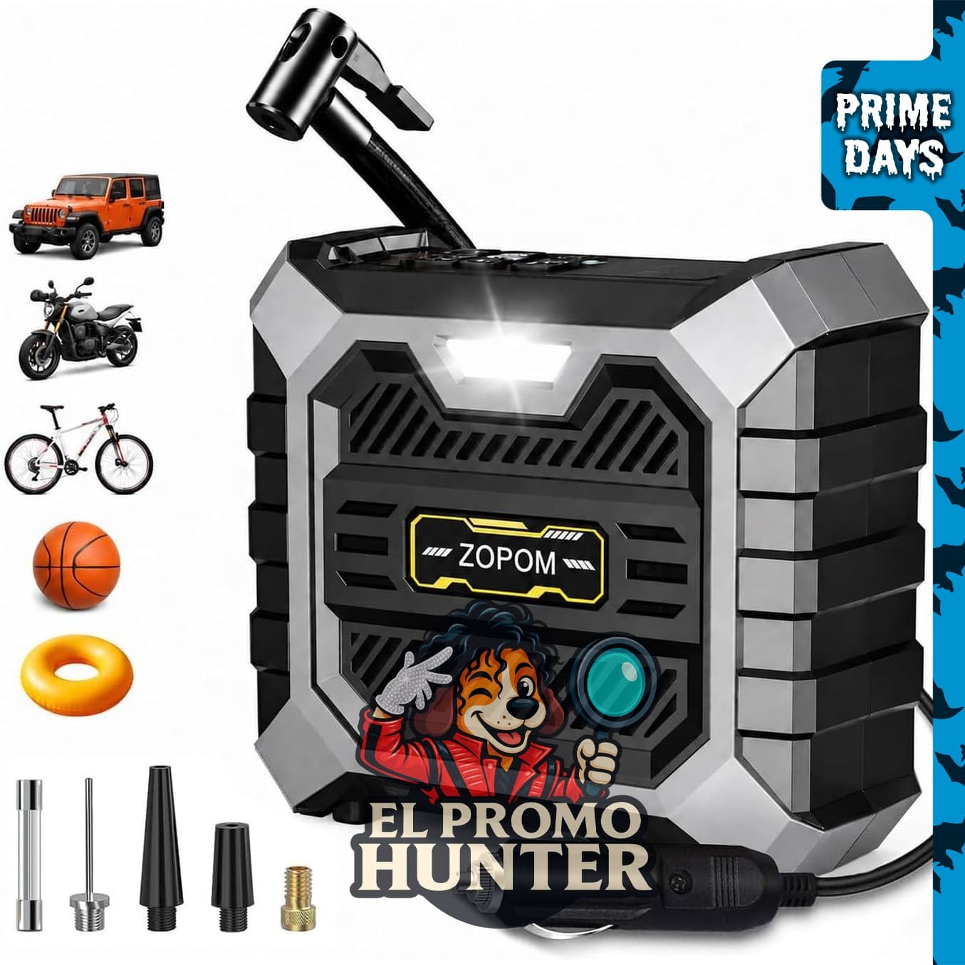 Compresor de aire portátil de 150 PSI, 12V, con medidor digital y luz LED.