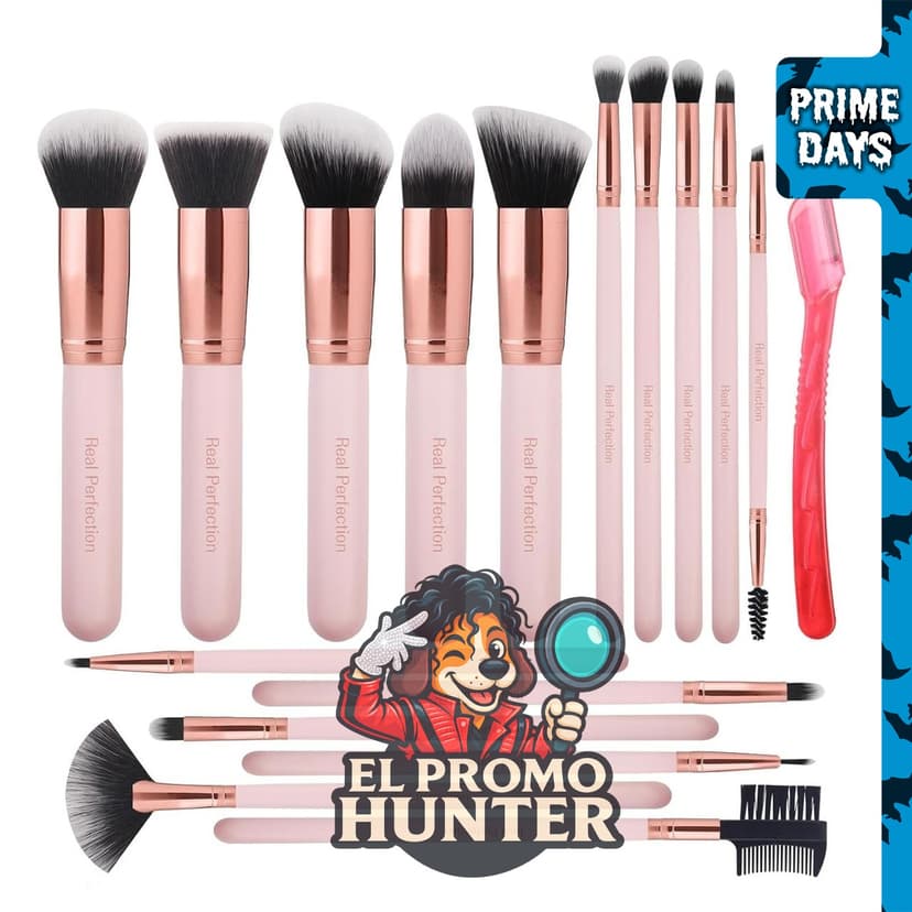 Real Perfection Juego de 16 brochas de maquillaje con maquinilla de afeitar para cejas, base sintética.