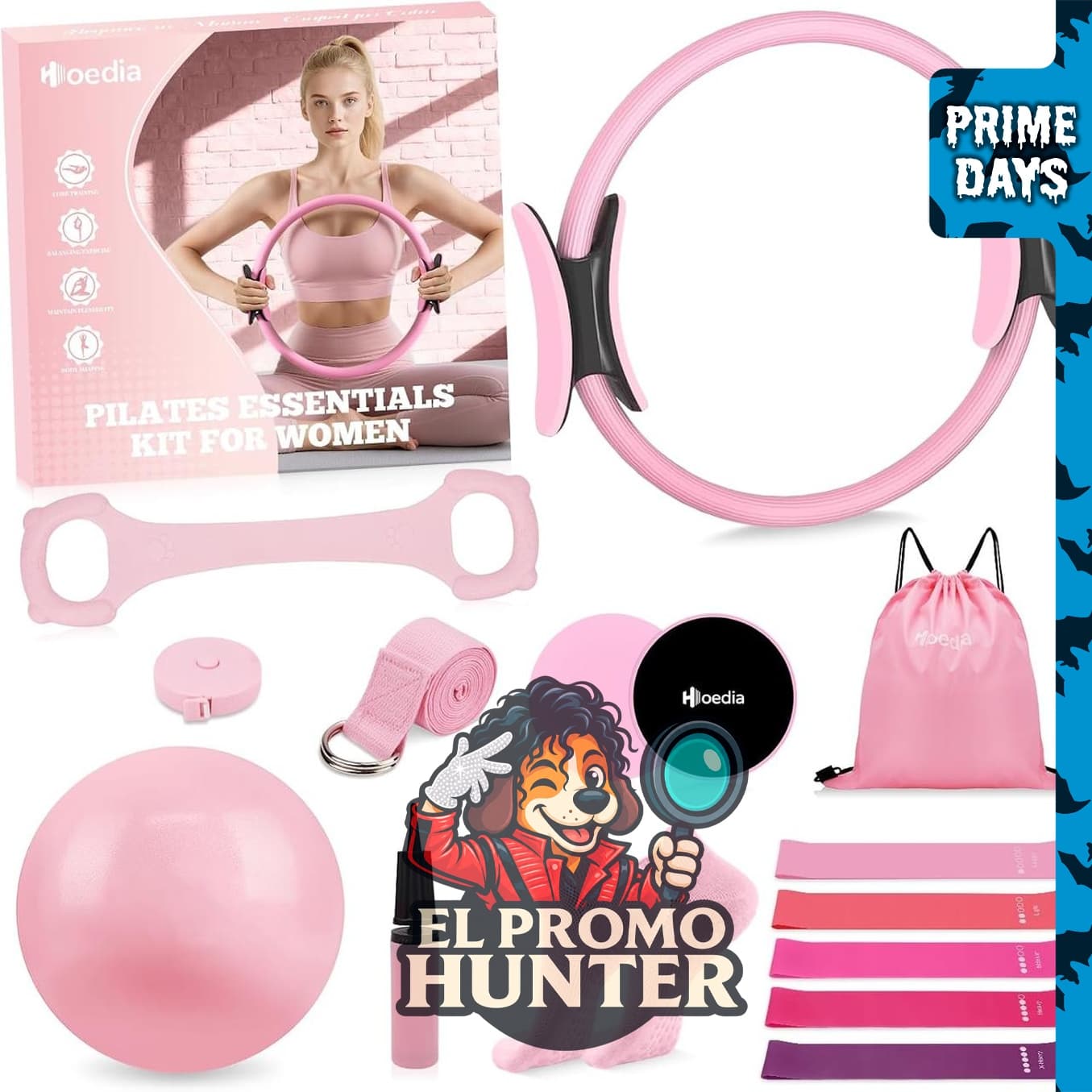 Hoedia Kit de Pilates de 17 piezas, incluye anillo, pelota, bandas de resistencia, correa de yoga, deslizadores, calcetines, bolsa y guía.