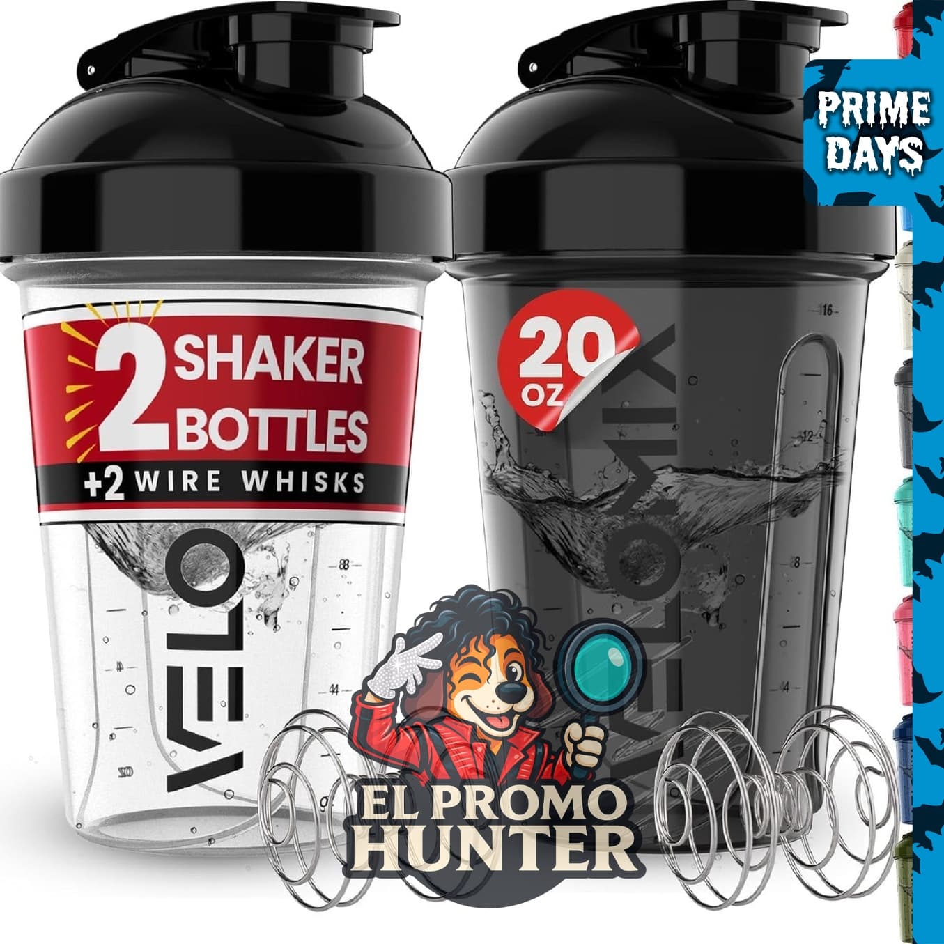 VELOMIX 2 Pack de botellas mezcladoras de proteína de 20 oz (591 ml) para mezclas de proteínas, color negro/transparente.