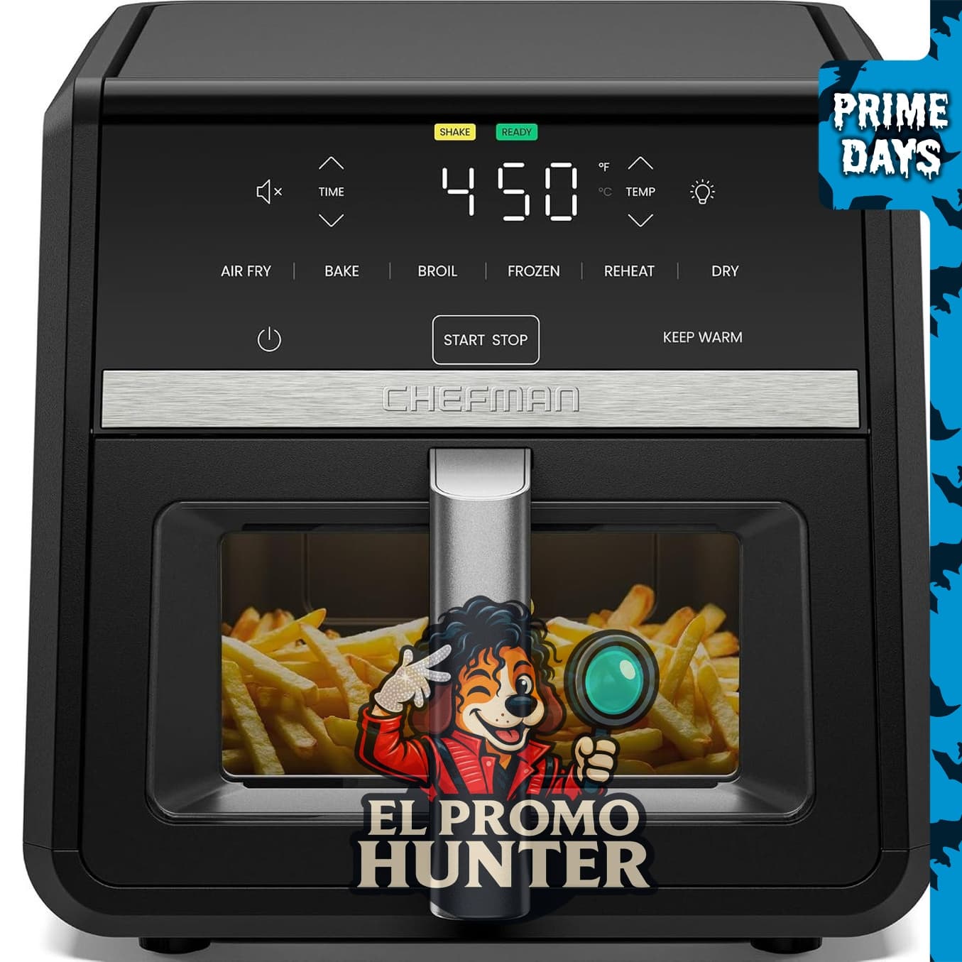 Chefman Freidora de aire TurboFry 7 en 1, 9 qt (8.5 L), 450 °F, con cesta XL y ventana de visualización.