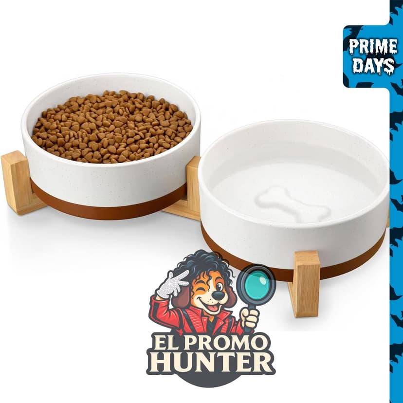 MALACASA Juego de cuencos de cerámica para perros con soporte de madera, 3.5 tazas (34 oz).