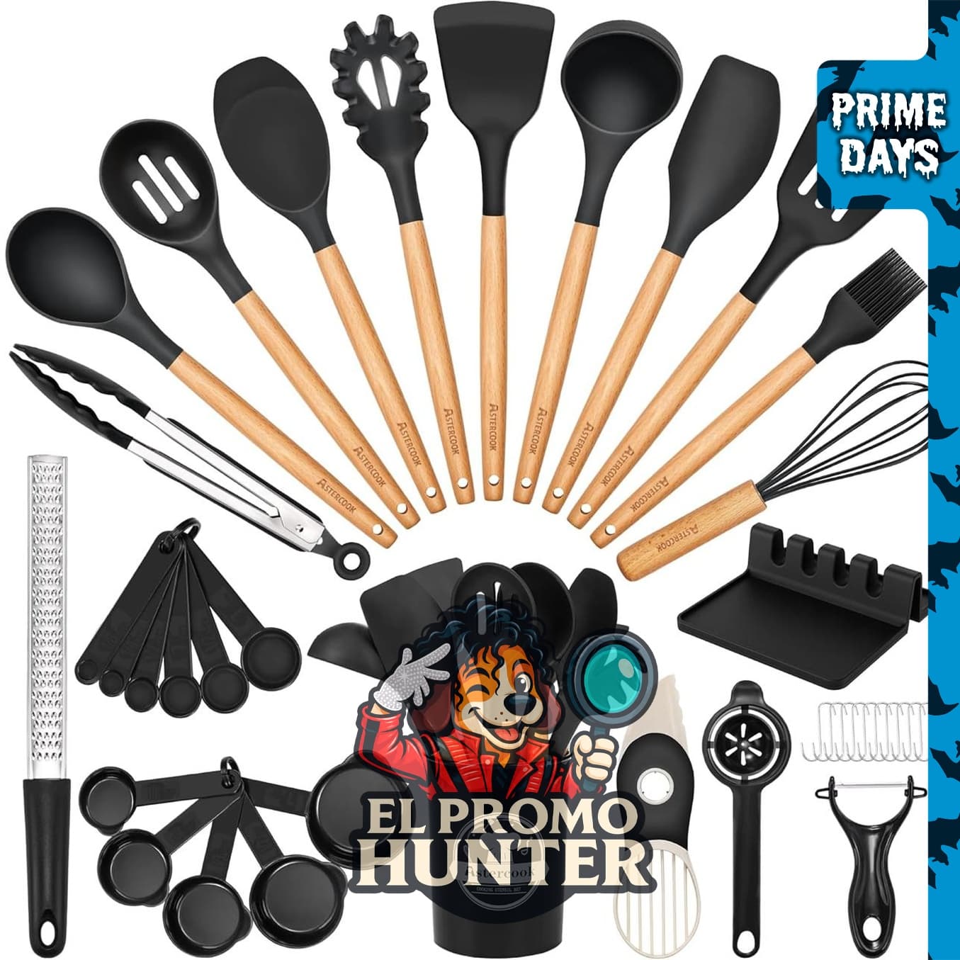 Astercook juego de utensilios de cocina de 39 piezas, silicona con mango de madera, resistente al calor hasta 446 °F.