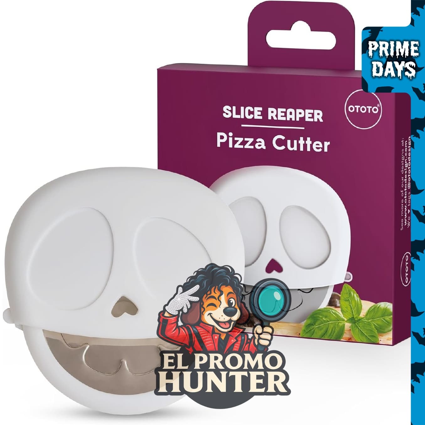 Rueda cortadora de pizza OTOTO Slice Reaper, acero inoxidable, diseño de calavera.