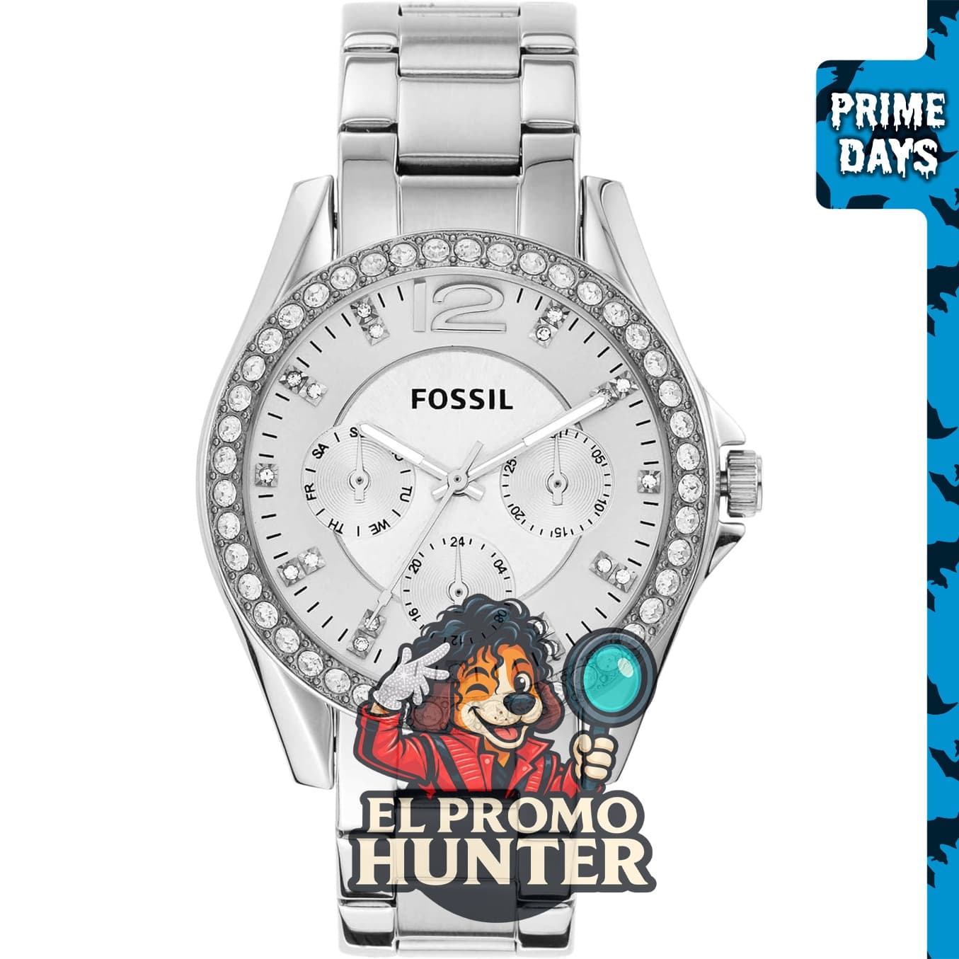 Reloj Fossil Riley de cuarzo multifuncional en acero inoxidable para mujeres.