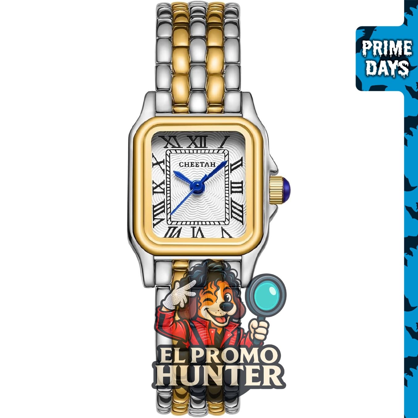 Reloj CHEETAH de oro para mujer con pulsera vintage, caja rectangular y esfera romana.