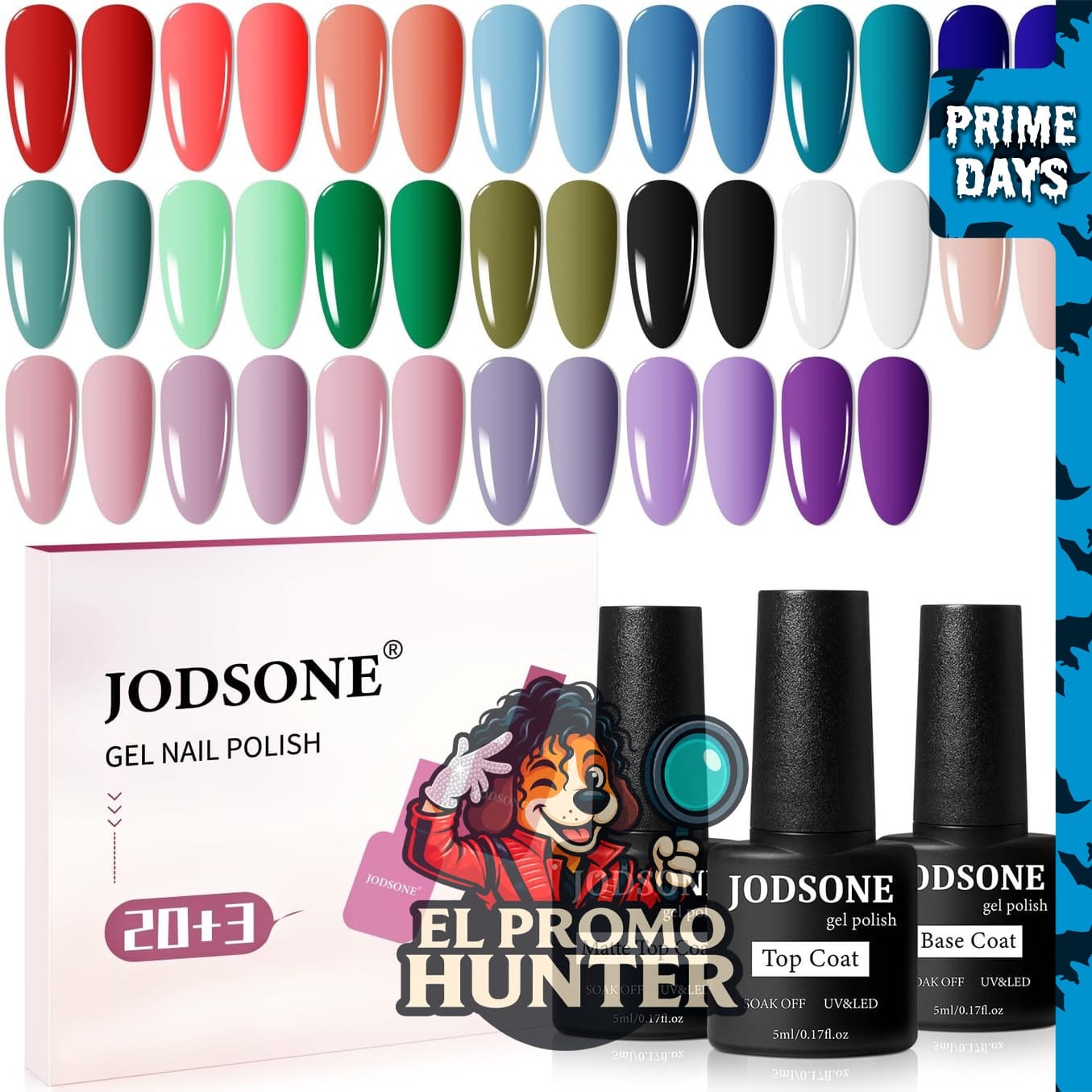 JODSONE Juego de 23 esmaltes de uñas de gel, incluye base y capas superiores brillante y mate.
