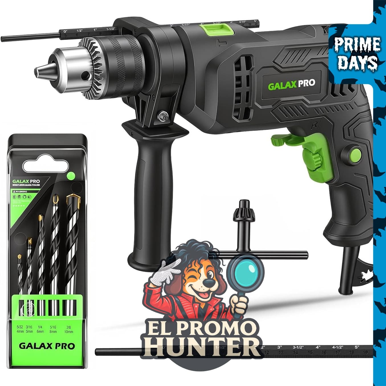 GALAX PRO Taladro de martillo con cable de 4.5 Amp, velocidad de 0-3000 RPM, incluye 12 accesorios.